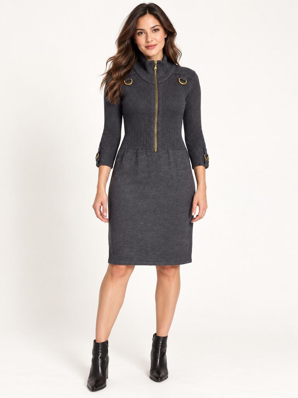 Forum Gray Knit Dress Gold Hardware Front Zip Size M